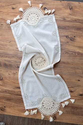 Krem Nakışlı Dantelli Keten Runner 50x130 cm
