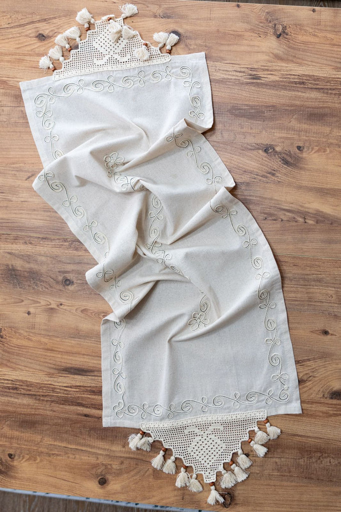 Beyaz Nakışlı Dantelli Keten Runner 50x130 cm