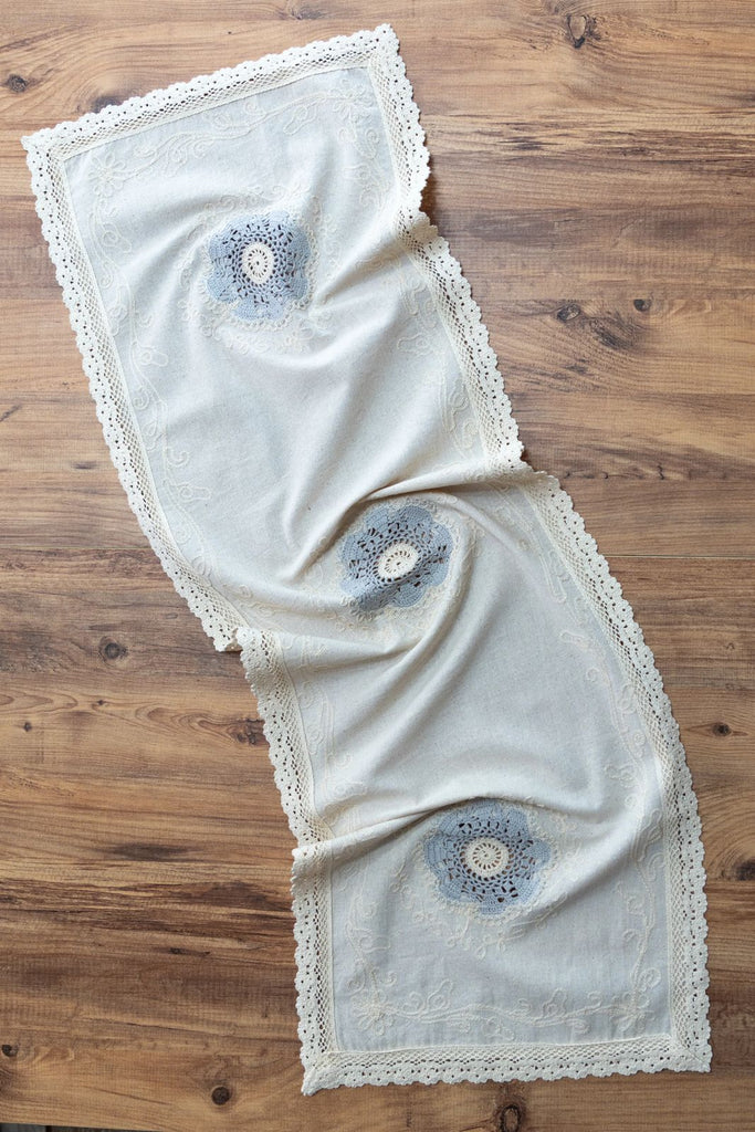 Mavi Nakışlı Dantelli Keten Runner 50x130 cm