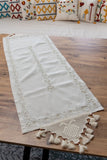 Beyaz Nakışlı Dantelli Keten Runner 50x130 cm