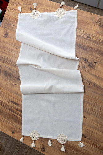 Beyaz Nakışlı Dantelli Keten Runner 50x130 cm