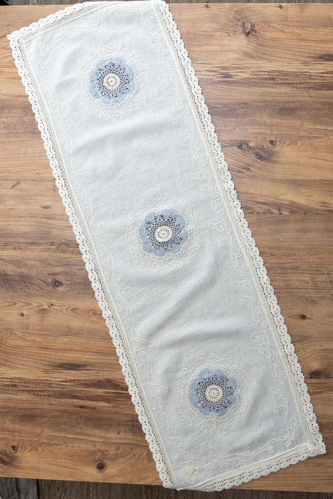 Mavi Nakışlı Dantelli Keten Runner 50x130 cm