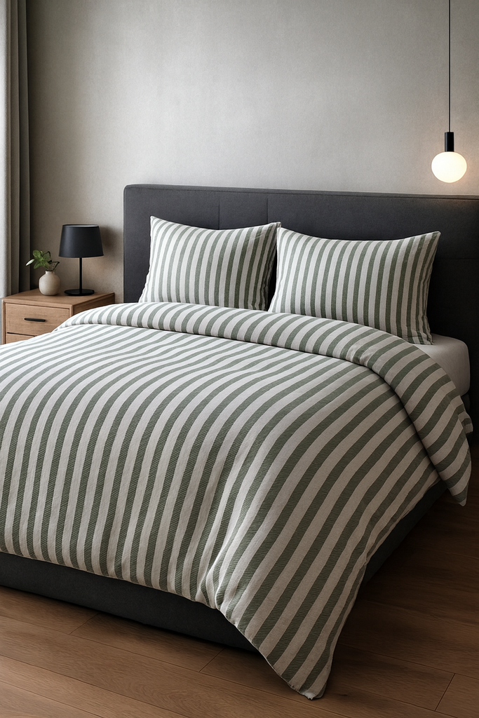 Yeşil Çizgili Keten Nevresim Takımı Çift Kişilik