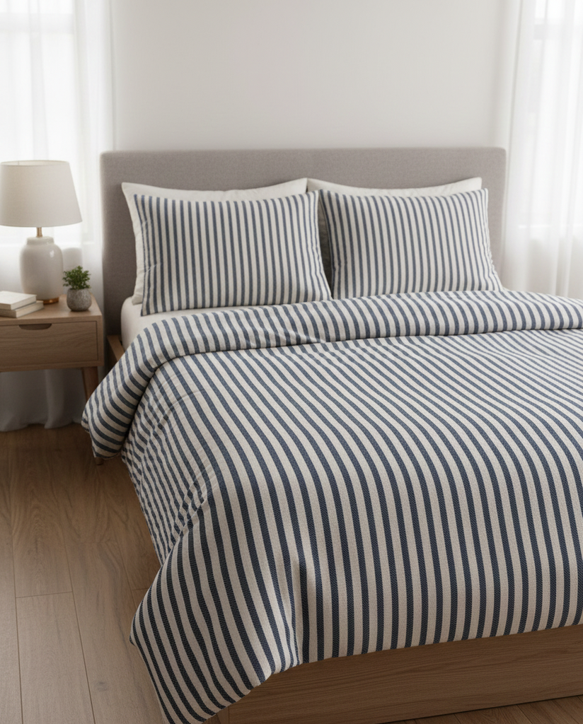 Lacivert Çizgili Keten Nevresim Takımı Çift Kişilik