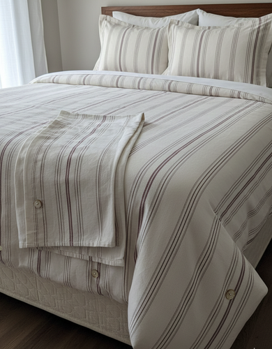 Bordo Çizgili Keten Nevresim Takımı Çift Kişilik