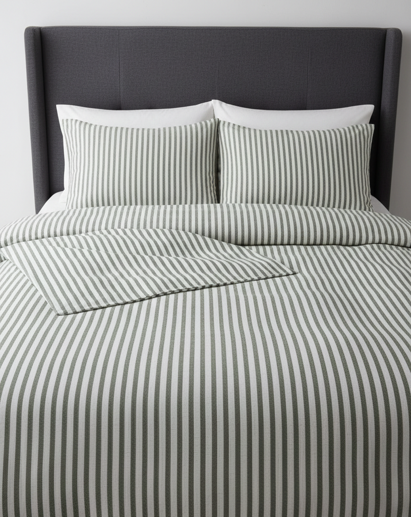 Yeşil Çizgili Keten Nevresim Takımı Çift Kişilik