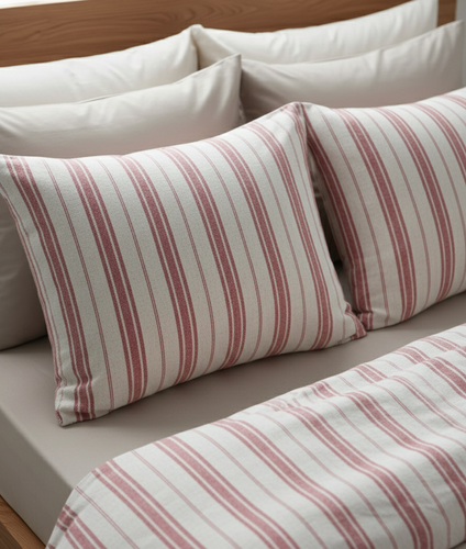 Kırmızı Çizgili Keten Nevresim Takımı Çift Kişilik