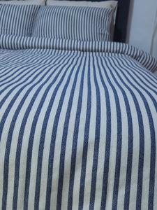 Lacivert Çizgili Keten Nevresim Seti Çift Kişilik
